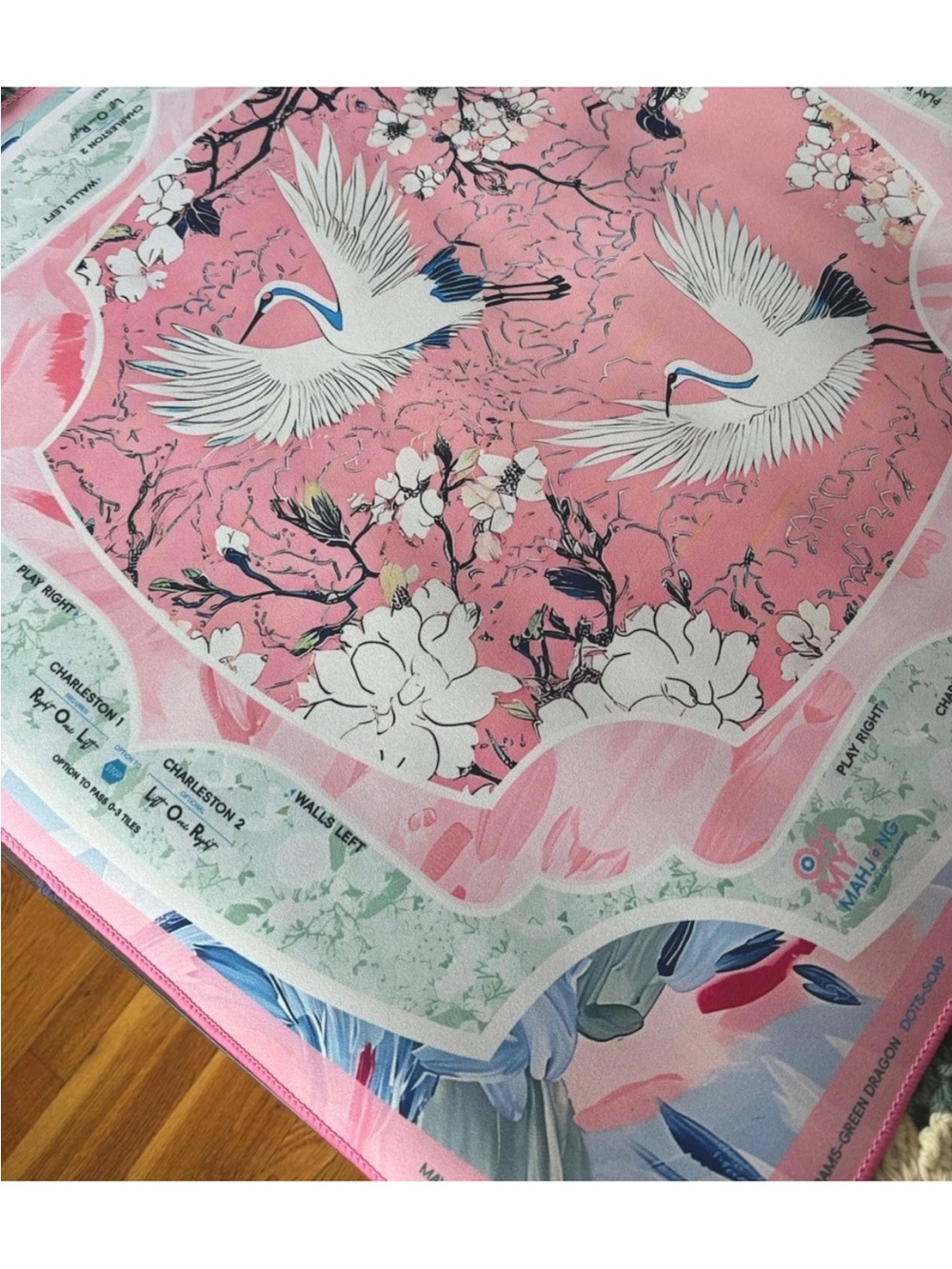 NEW Pink Crane Mahjong Mat with rubber back 31.5" comes with bag